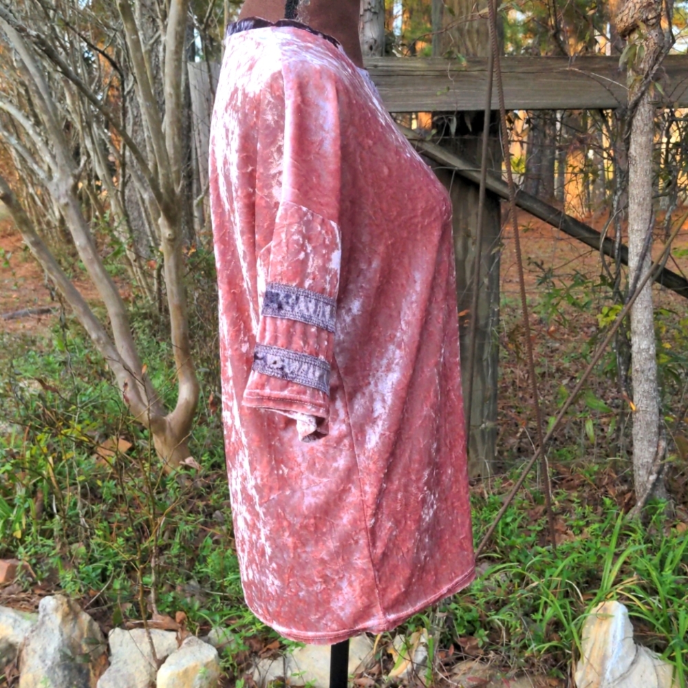 POL Pink Rose & Brown Crushed Velvet Crew Neck Short Sleeve Jersey-Style Top - Picture 6 of 13
